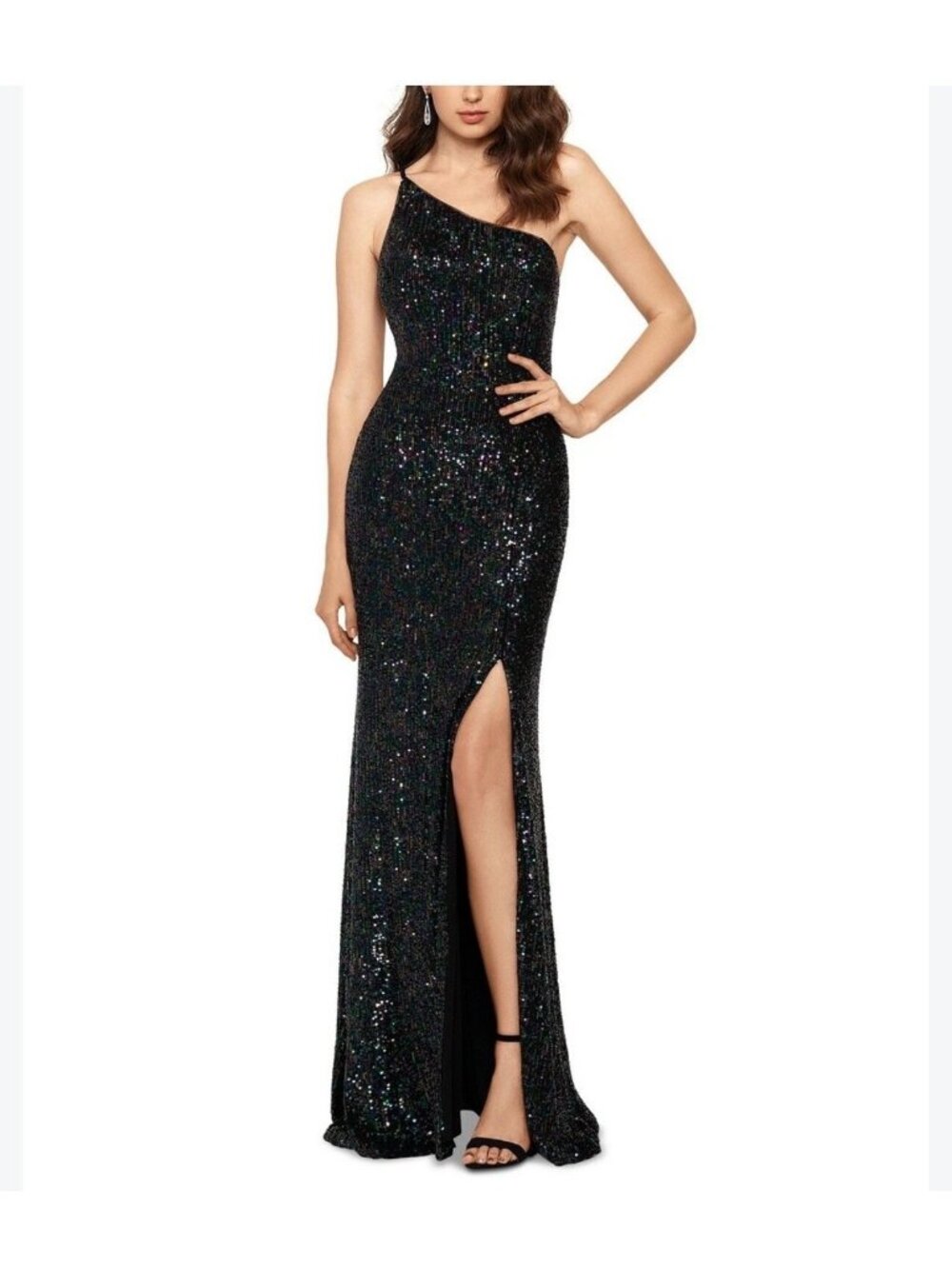 XSCAPE One Shoulder Multicolor Black Sequin Maxi Length Gown Dress